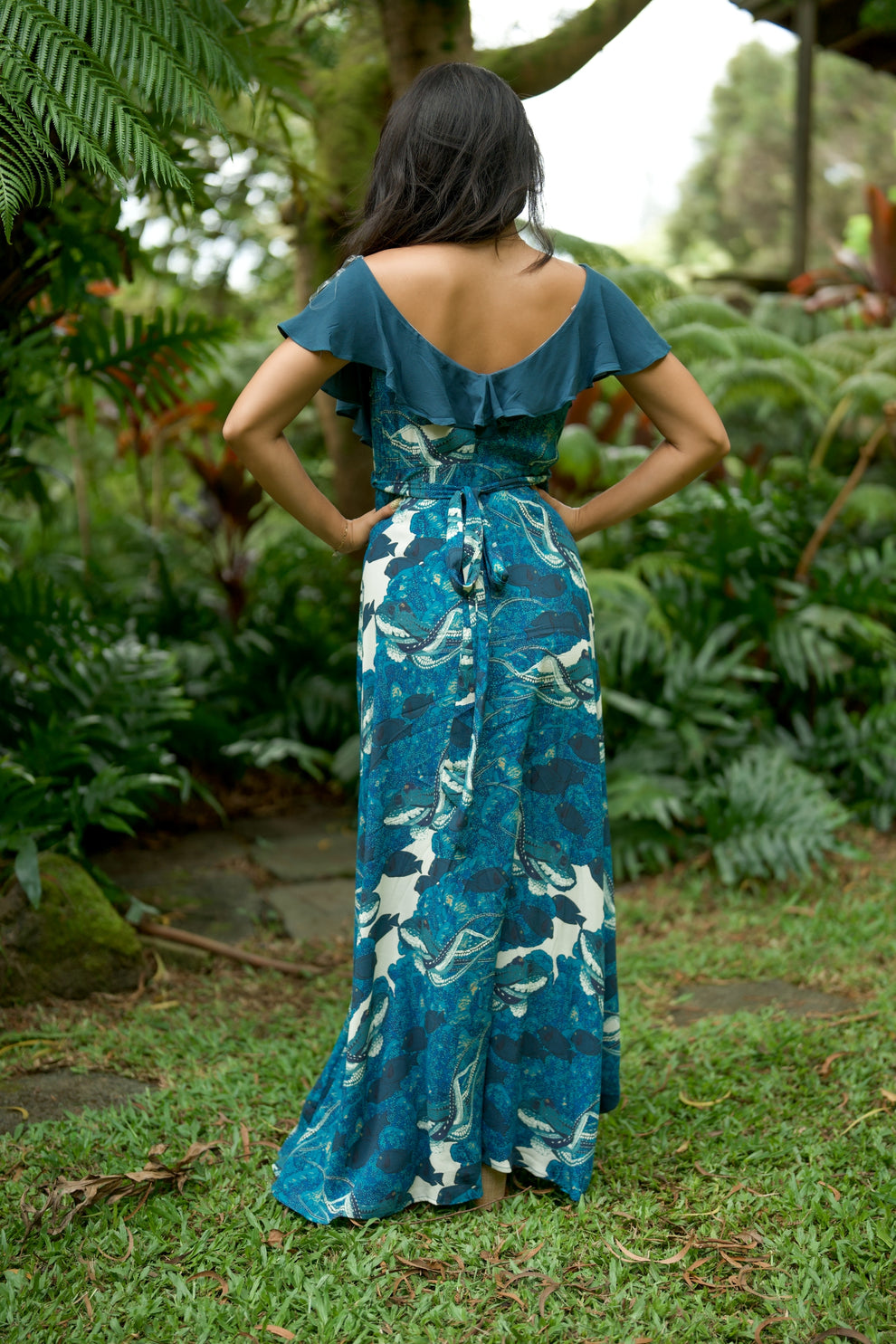Hidden He‘e Blue Ruffled V-Neck High-Low Designer Maxi Wrap Dress by ...