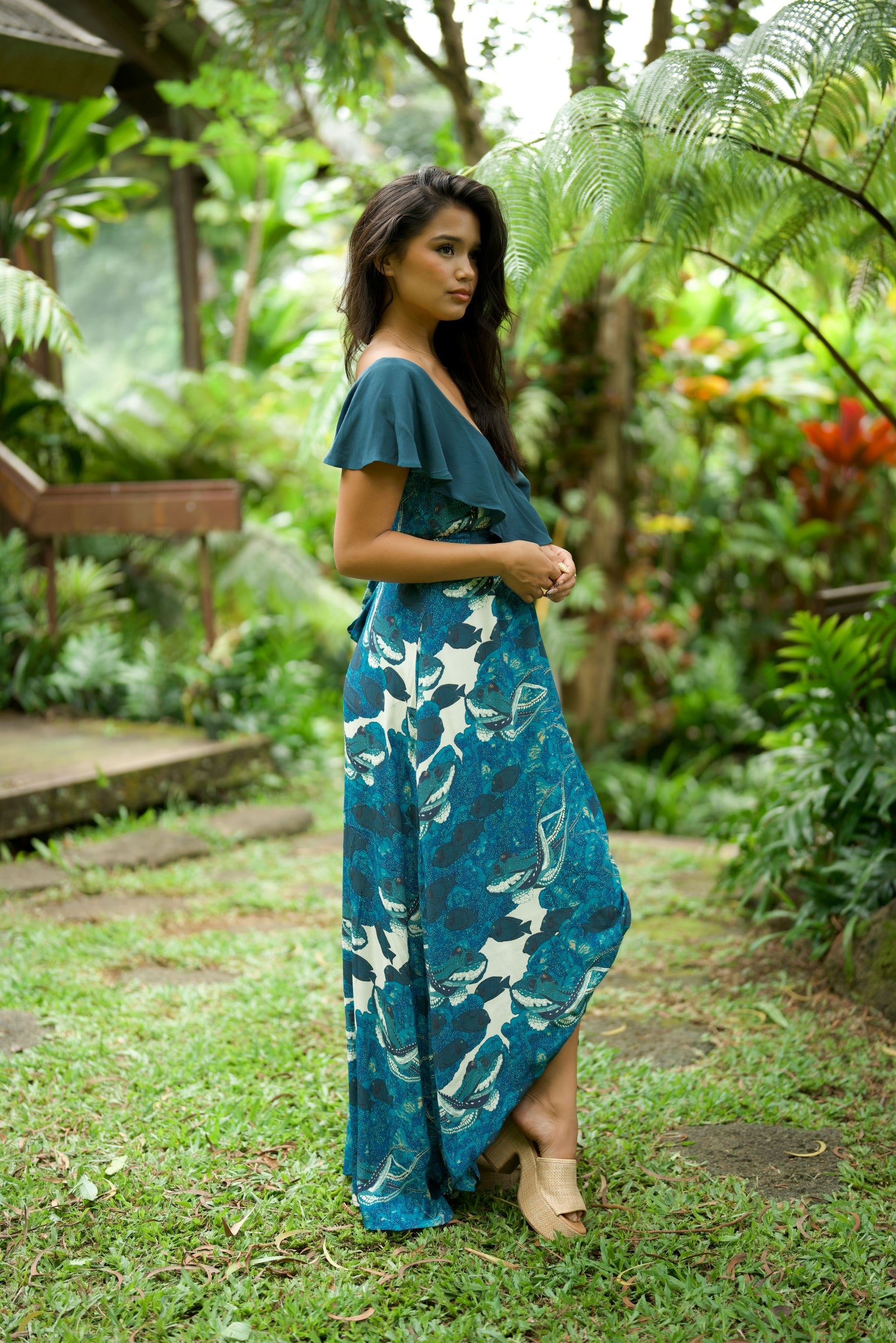 Hidden He‘e Blue Ruffled V-Neck High-Low Designer Maxi Wrap Dress by ...