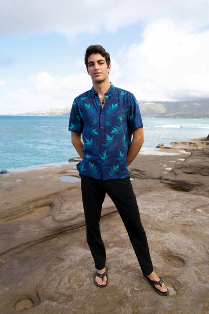 ‘Iwa‘Iwa Fern Blue Aloha Shirt (Iron Free)