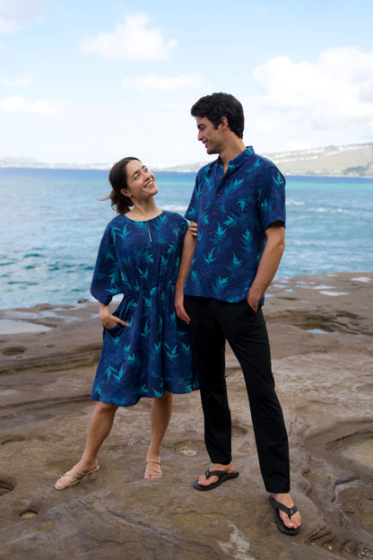 ‘Iwa‘Iwa Fern Blue Aloha Shirt (Iron Free)