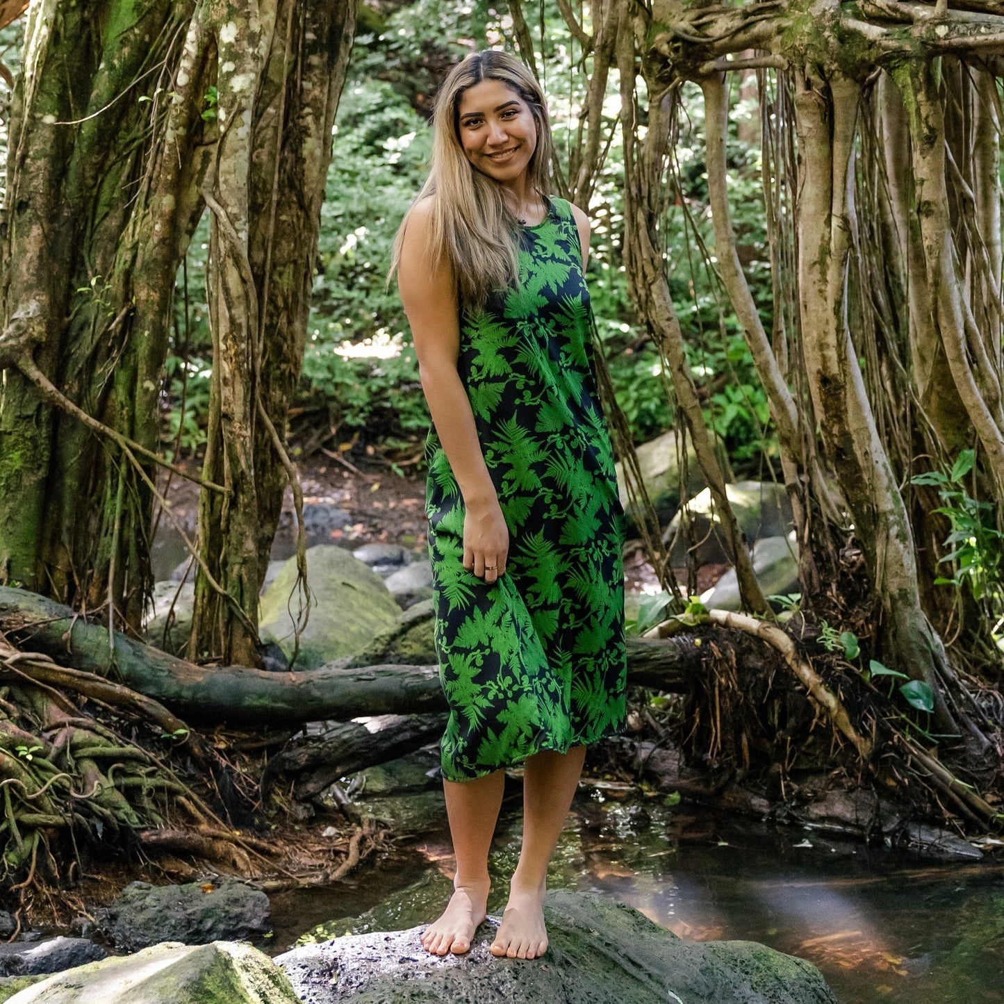 Green Hāpu'u Tree Fern Sleeveless Midi Dress