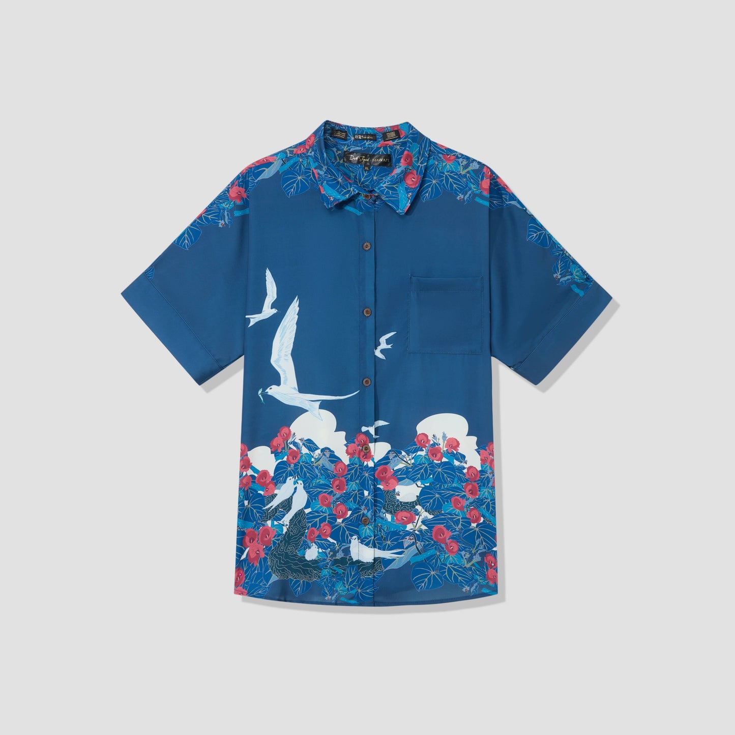 Manu-o-Kū & Hau Tree Women's Blue Kimono Sleeve Aloha Shirt (Iron Free)