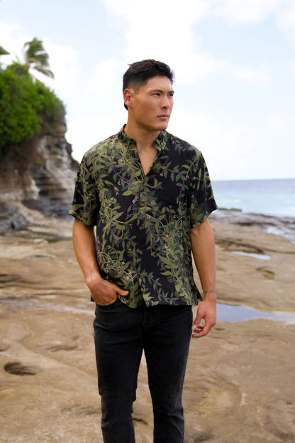 Maile Black Aloha Shirt (Iron Free)