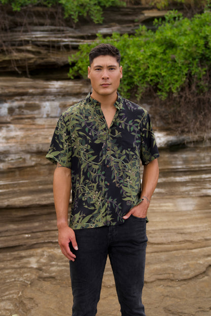 Maile Black Aloha Shirt (Iron Free)