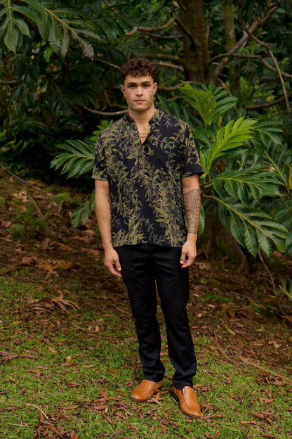 Maile Black Aloha Shirt (Iron Free)