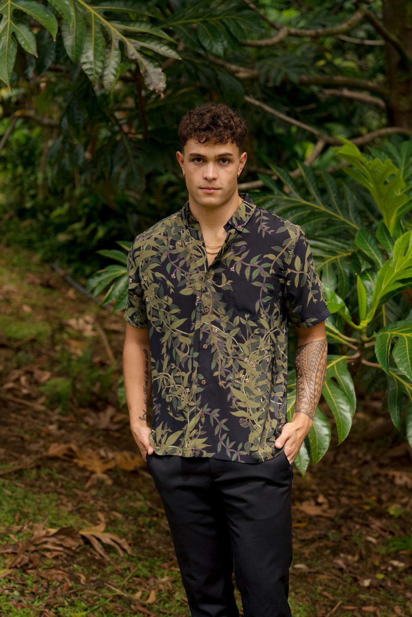 Maile Black Aloha Shirt (Iron Free)