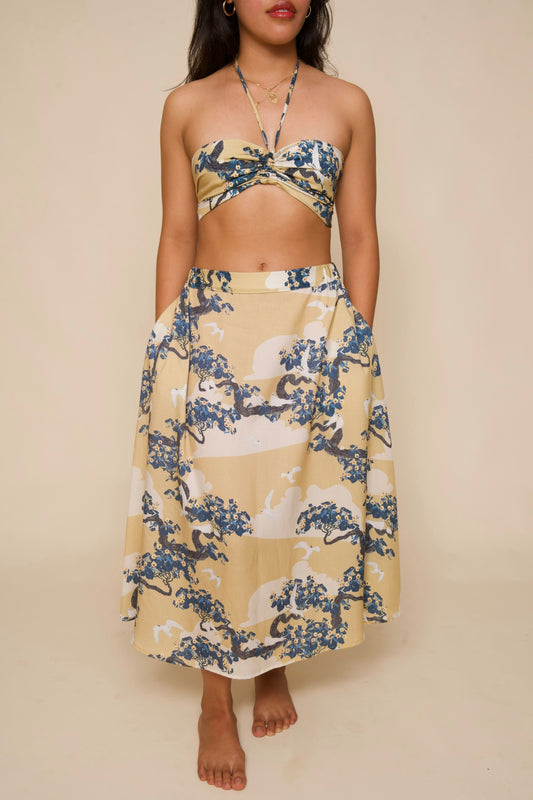 Manu-o-Kū & Flowering Hau Tree Hawaiian Print Elastic Midi Skirt