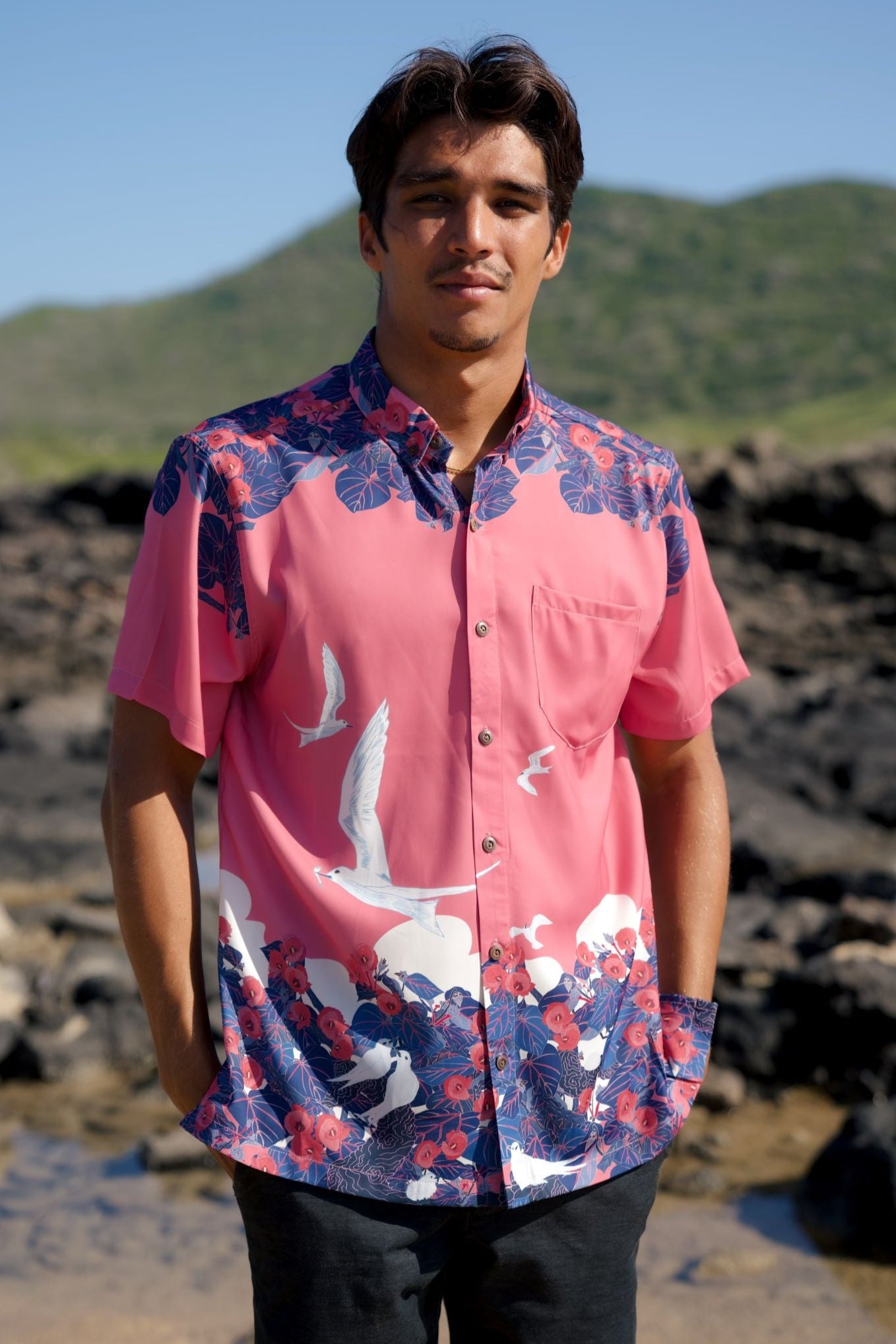 Manu-o-Kū & Hau Tree Pink Aloha Shirt (Iron Free)