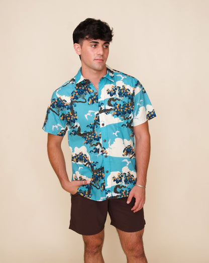 Manu-o-Kū & Flowering Hau Tree Sky Blue Aloha Shirt