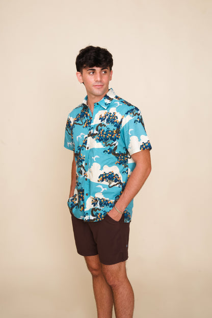 Manu-o-Kū & Flowering Hau Tree Sky Blue Aloha Shirt