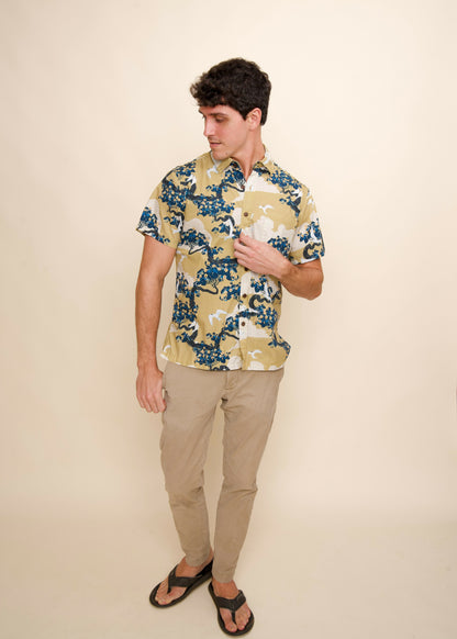 Manu-o-Kū & Flowering Hau Tree Blonde Aloha Shirt