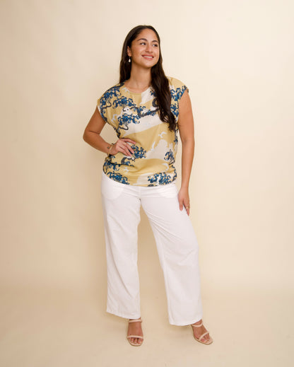 Manu-o-Kū & Flowering Hau Tree Blonde Cap Sleeve Blouse