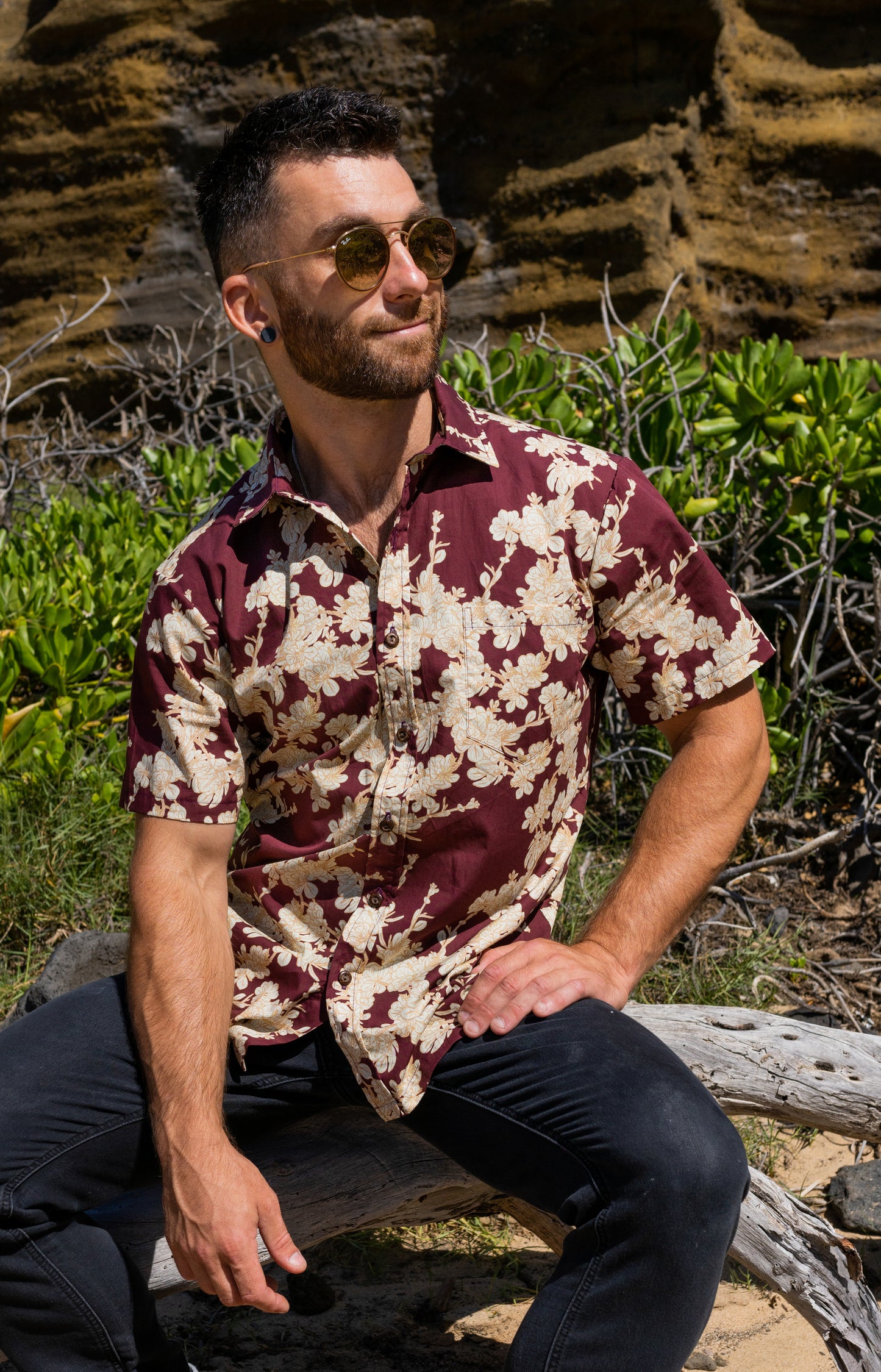 Dwarf Naupaka Maroon Aloha Shirt