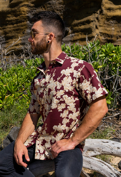 Dwarf Naupaka Maroon Aloha Shirt