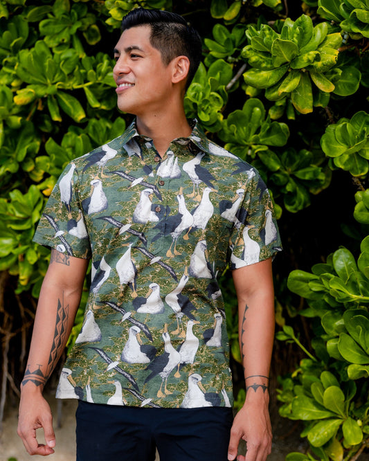 Men's green aloha shirt Albatross colony 