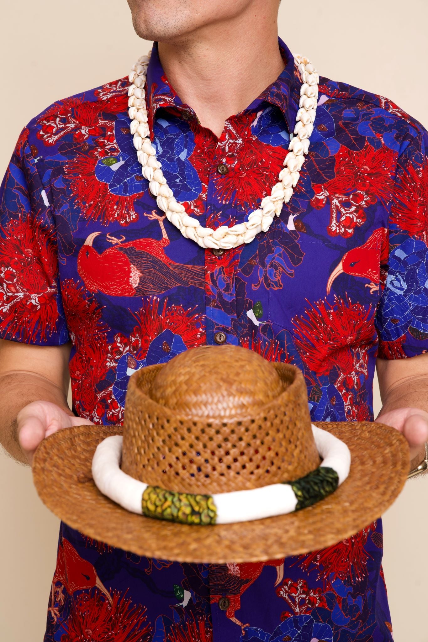 Kaniakapūpū 'Ōhi'a Lehua ʻUla Poni Blue & Red Men's Aloha Shirt