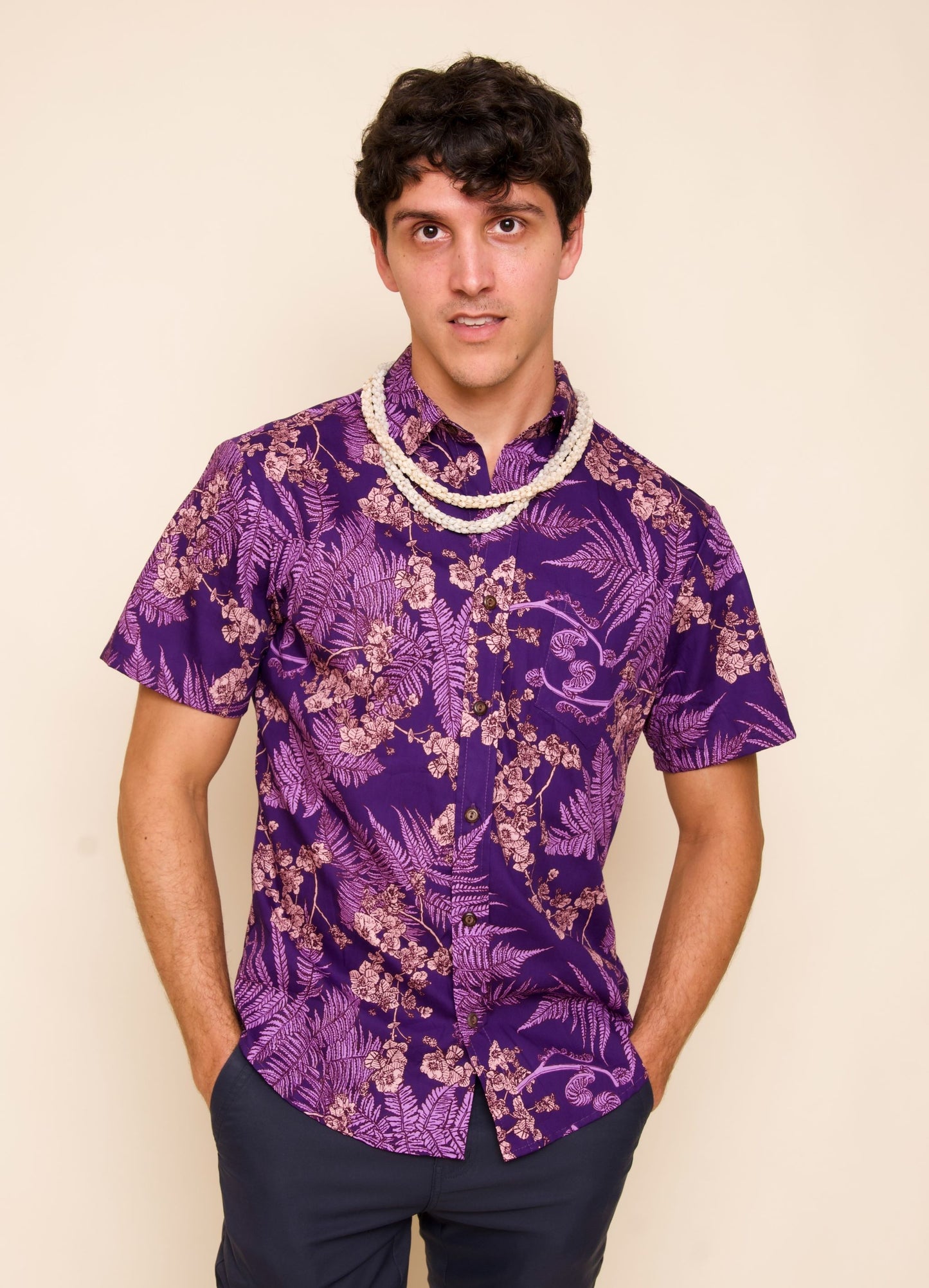 Hāpuʻu 'Ilima Mauka to Makai Violet Tailored Aloha Shirt