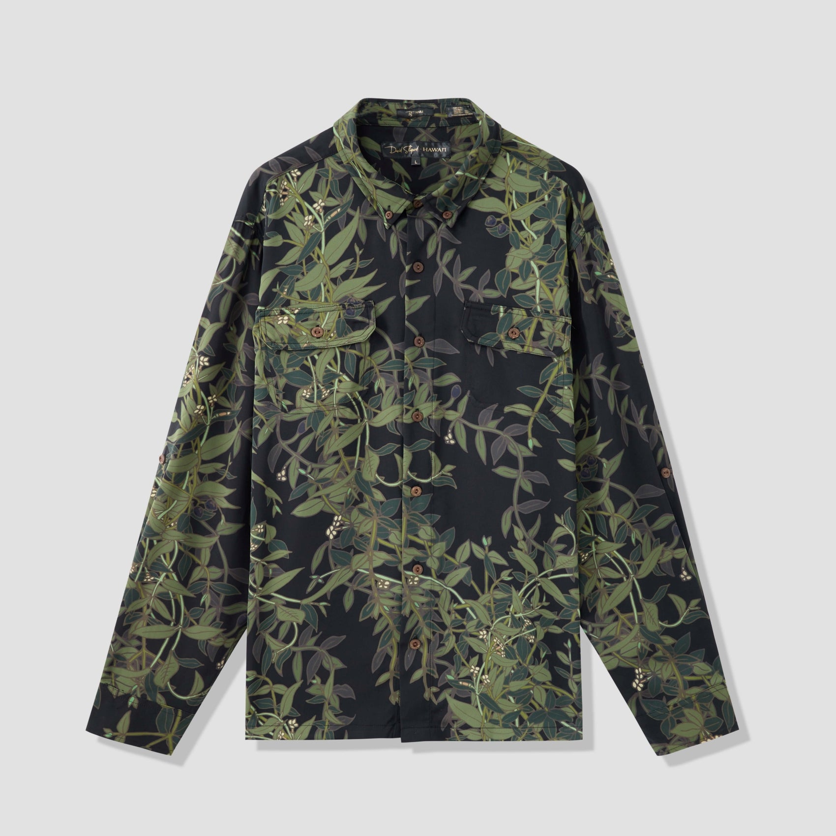 Mens Long Sleeve Iron Free Aloha Shirt - Maile Black — David