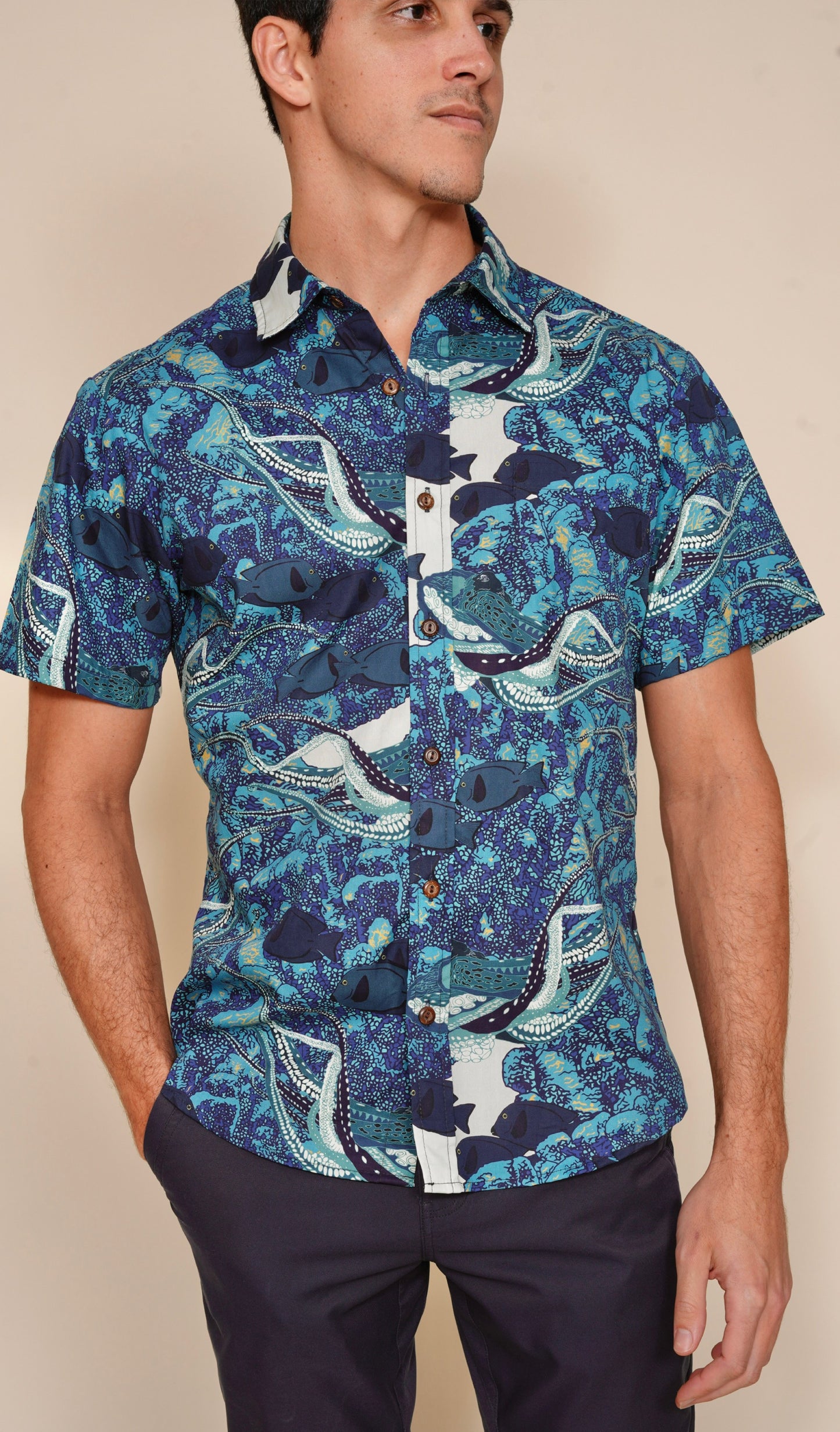 David Shepard wears Mens Blue Octopus Aloha Shirt