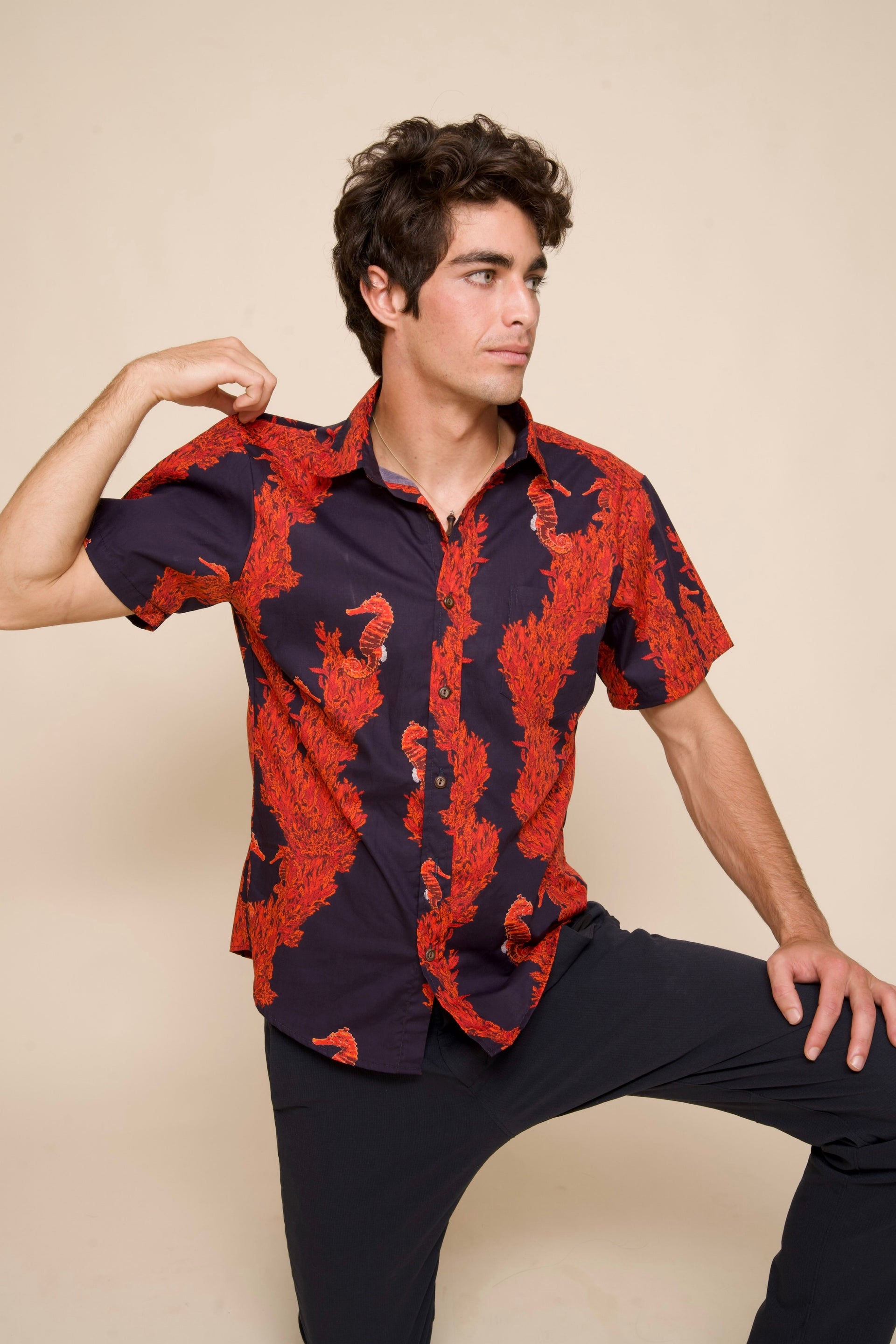 Mens Red and Black Aloha Shirt