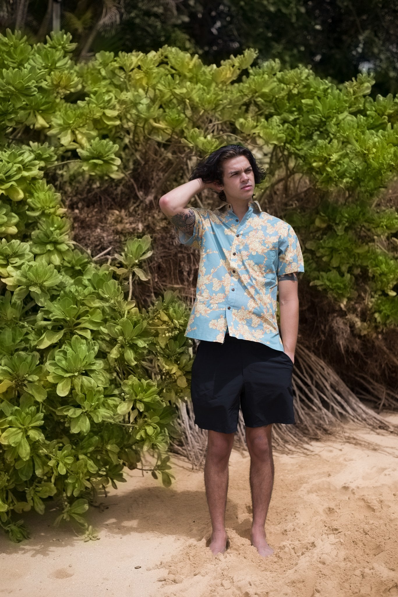 Dwarf Naupaka Sky Blue Aloha Shirt