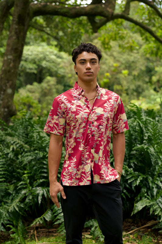 ‘Ōhelo & ʻŌmaʻo Maroon Aloha Shirt