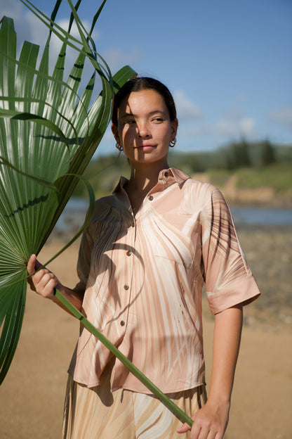 Loulu Beige Women's Kimono Sleeve Aloha Shirt