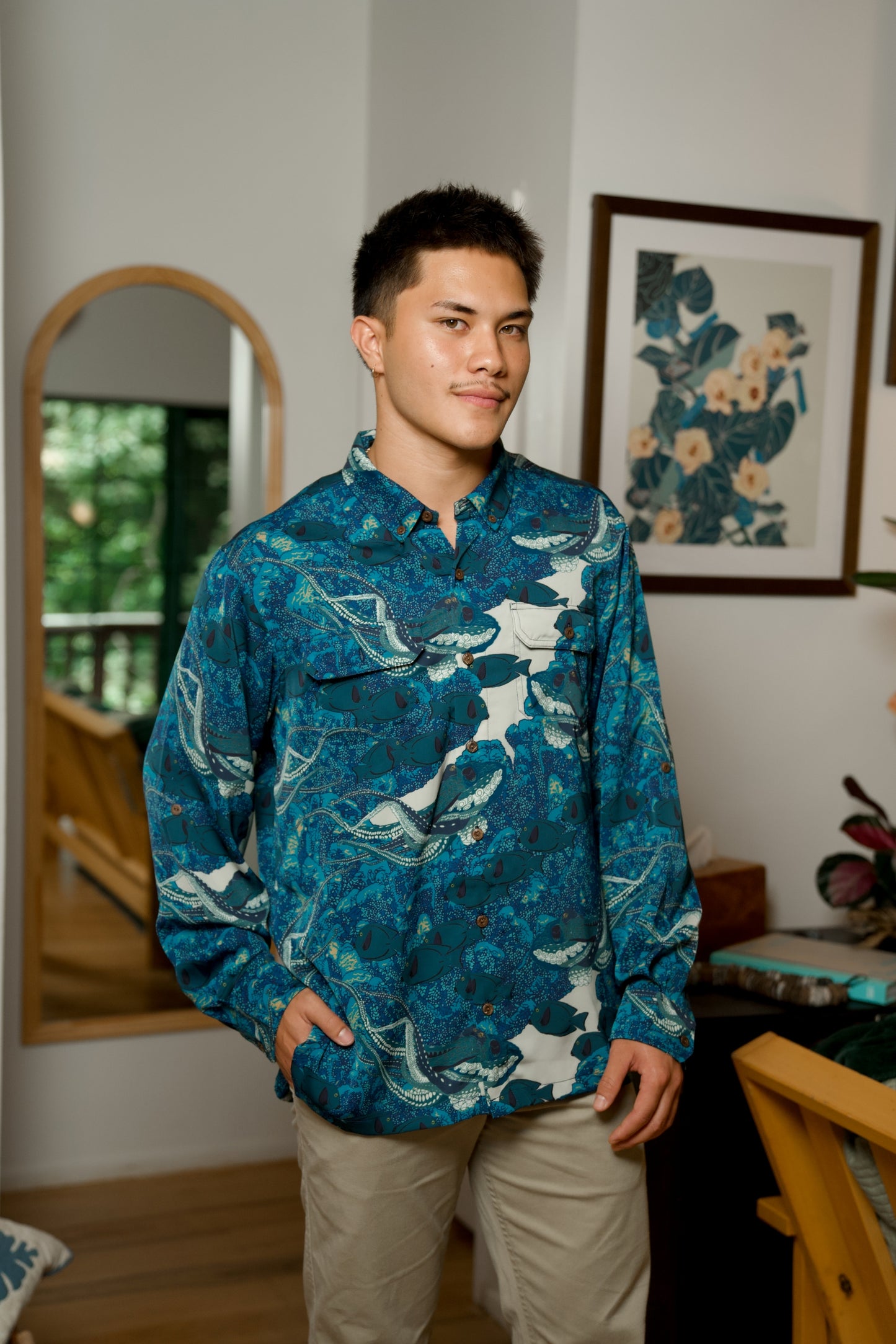Hidden He‘e Long Sleeve Aloha Shirt (Iron Free)
