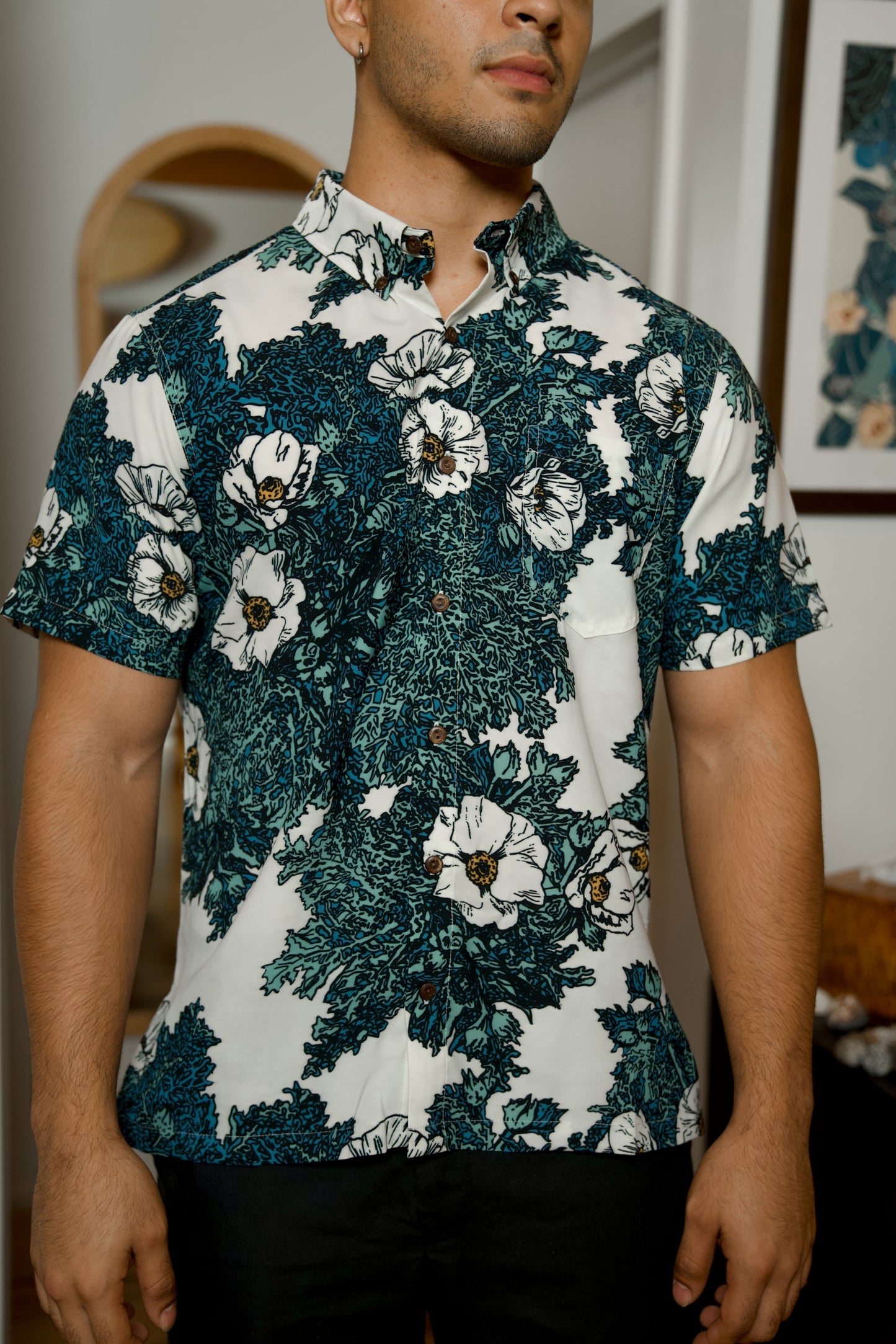 Puakala Blue On White Aloha Shirt (Iron Free)
