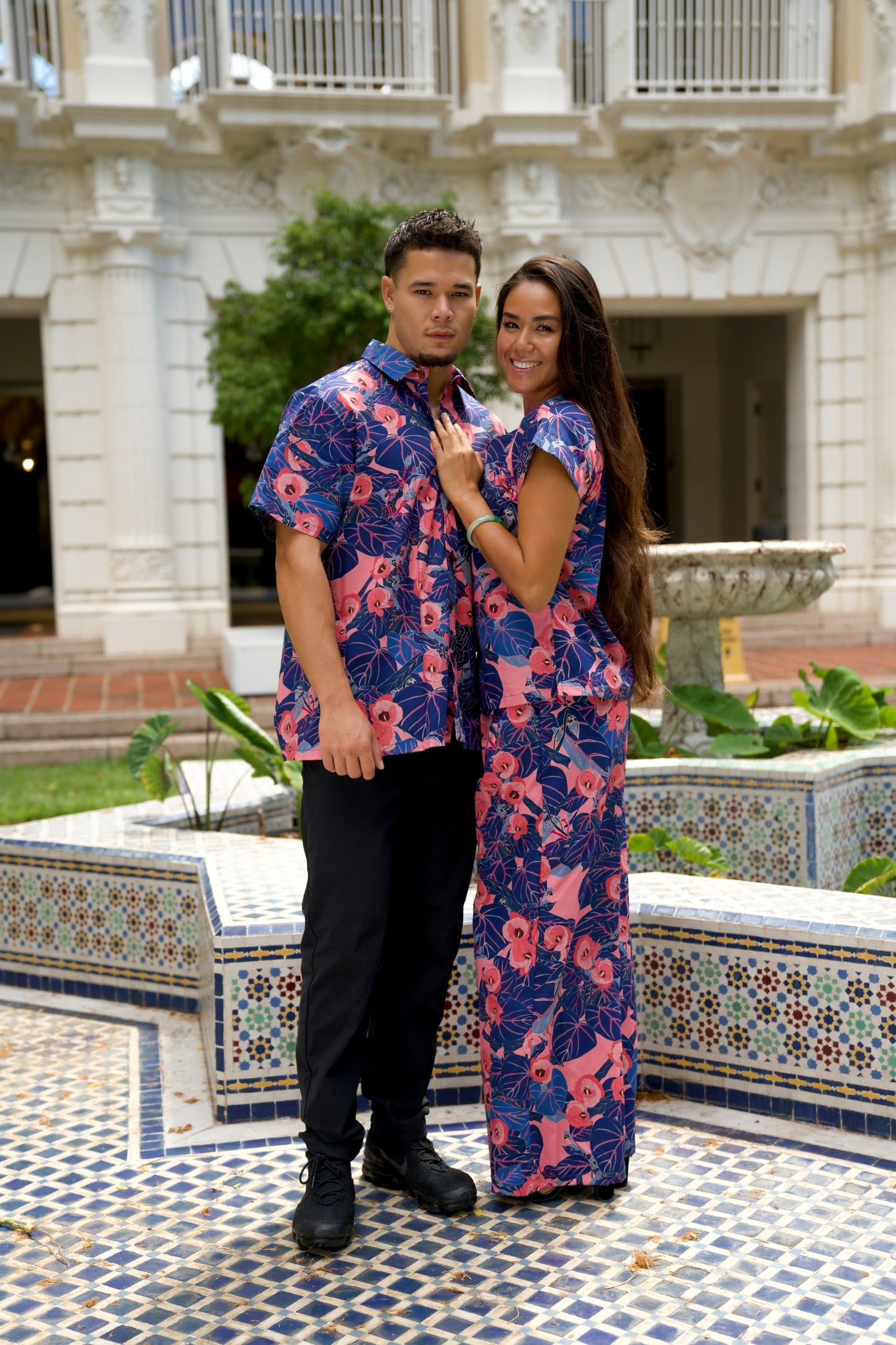 Flowering Hau Pink and Blue Aloha Shirt