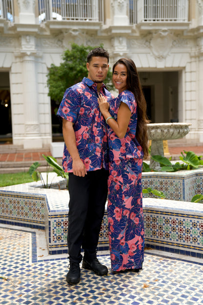 Flowering Hau Pink and Blue Aloha Shirt