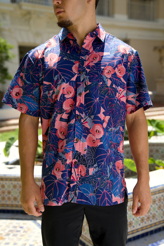 Flowering Hau Pink and Blue Aloha Shirt