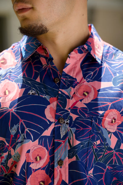 Flowering Hau Pink and Blue Aloha Shirt S Flowering Hau Pink and Blue Aloha Shirt S