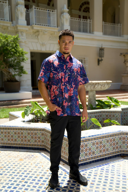 Flowering Hau Pink and Blue Aloha Shirt