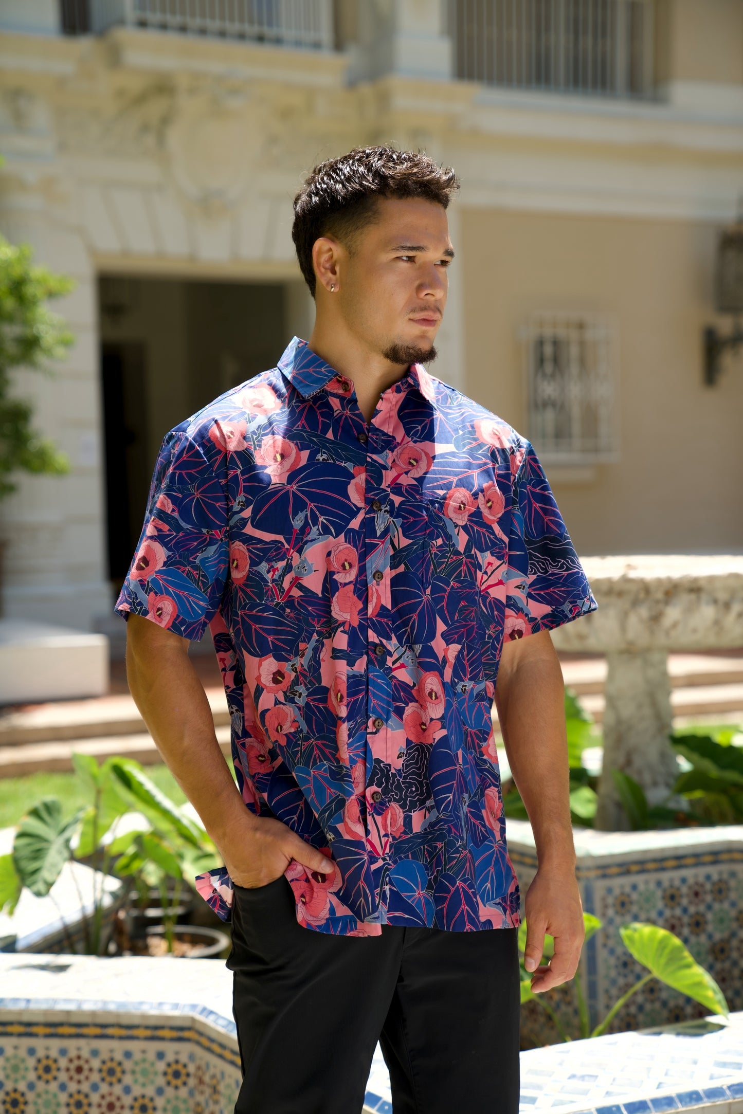 Flowering Hau Pink and Blue Aloha Shirt