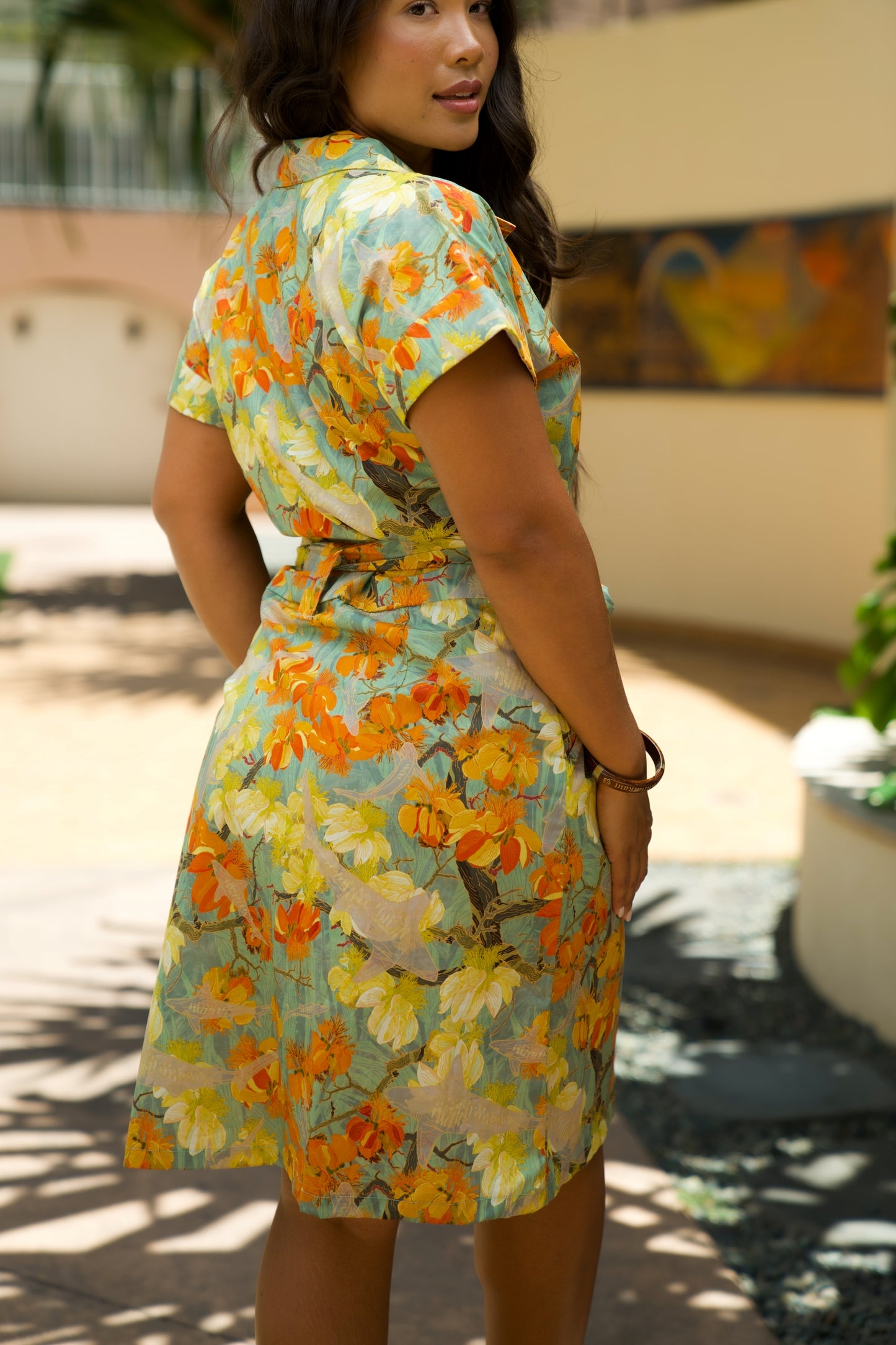 Watch For Sharks Aqua Aloha Shirt Dress