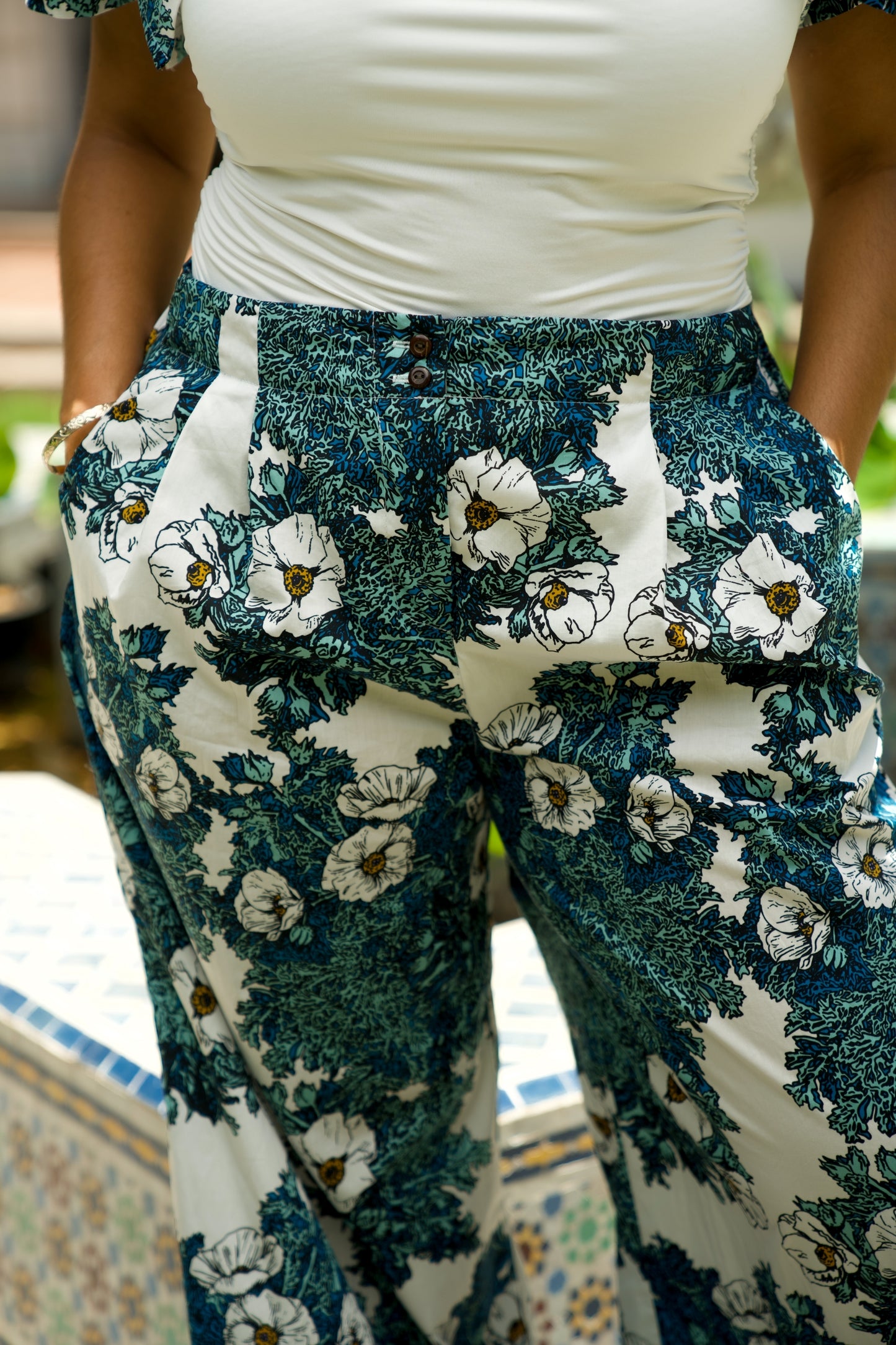 Puakala Blue on White Cotton Pants