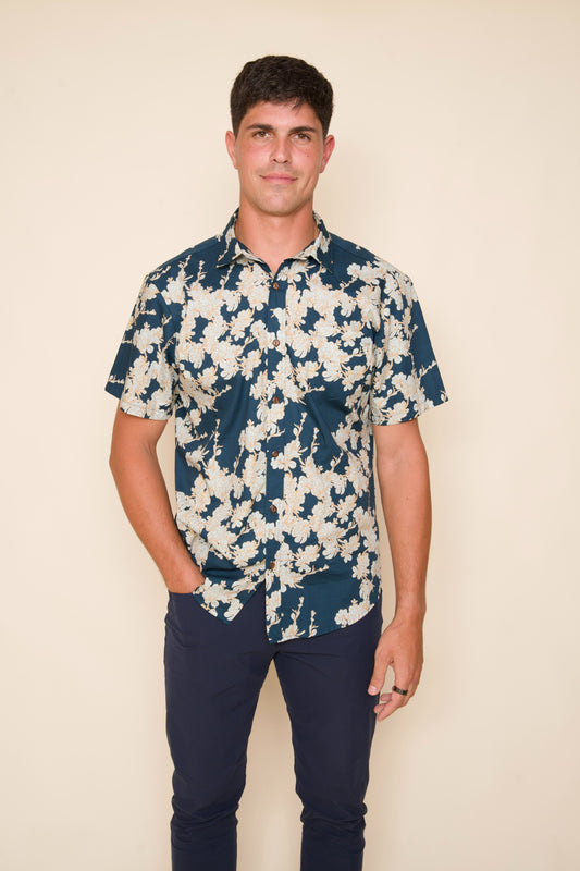 Dwarf Naupaka Navy Tailored Aloha Shirt