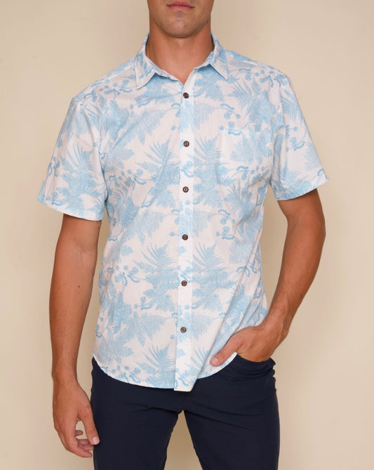 Hāpuʻu Tree Fern Blue on White Aloha Shirt