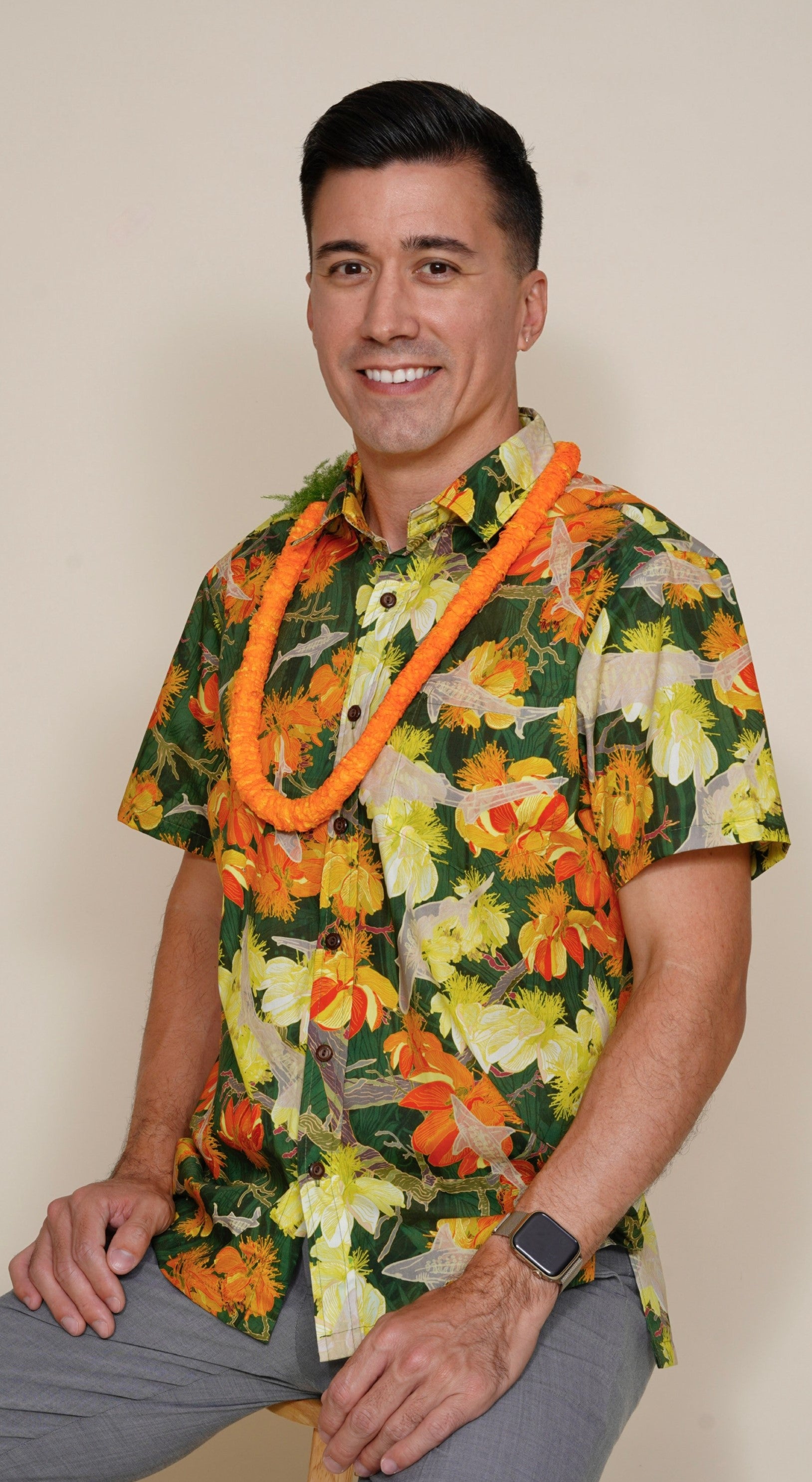 Watch for Sharks Green Multicolor Men's Aloha Shirt – David