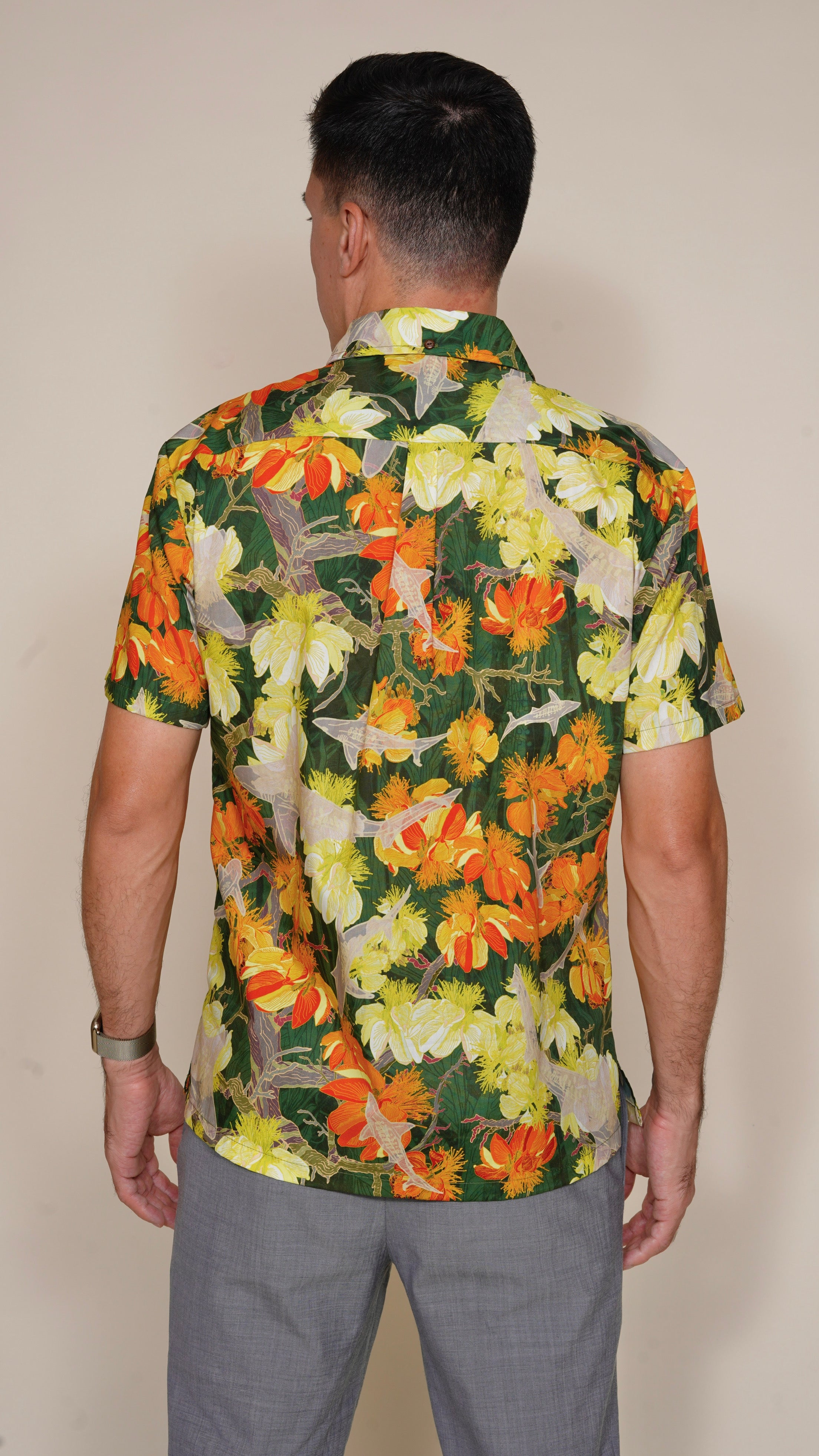 Watch for Sharks Green Multicolor Men's Aloha Shirt – David