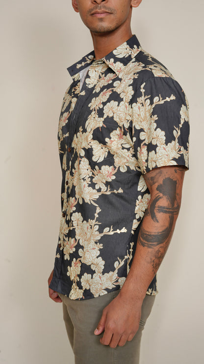 Dwarf Naupaka Gray Tailored Aloha Shirt