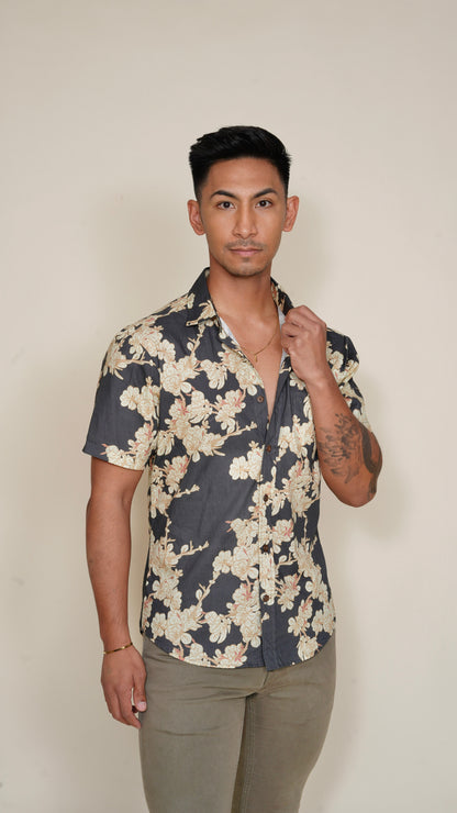 Dwarf Naupaka Gray Tailored Aloha Shirt