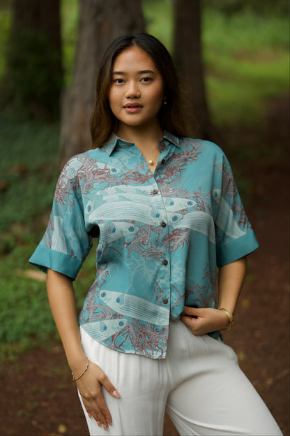 Limu Manauea & 'Ama'ama Women's Kimono Sleeve Aloha Shirt