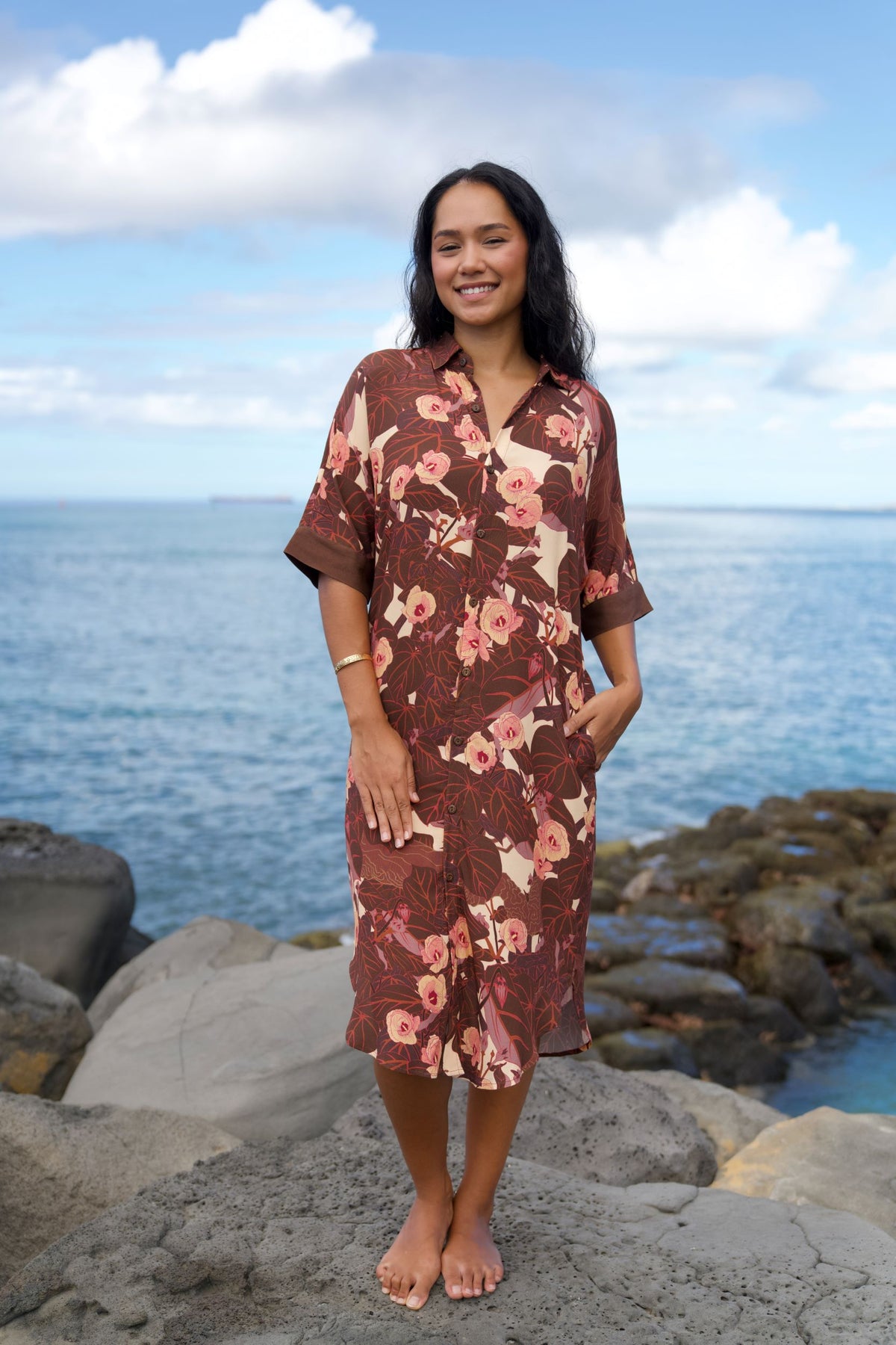 Flowering Hau Sunset Button Down Dress
