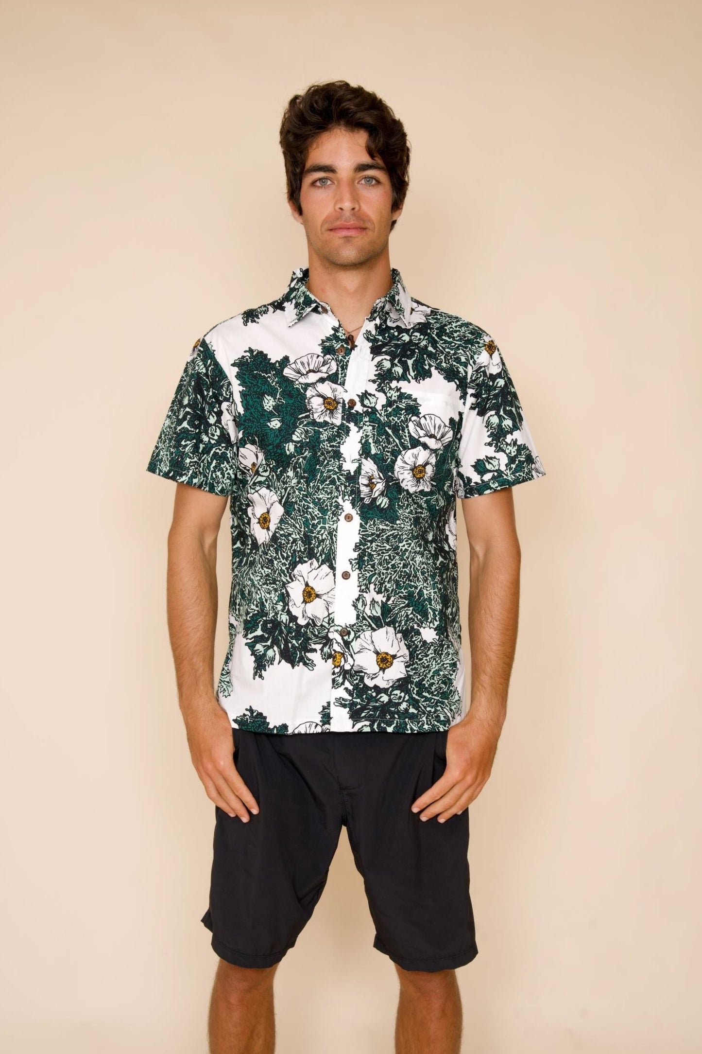 Puakala Green on White Aloha Shirt