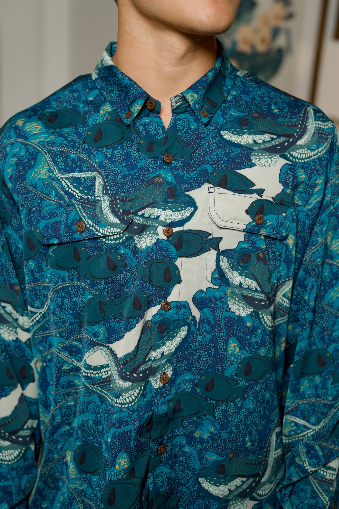 Hidden He‘e Long Sleeve Aloha Shirt (Iron Free)