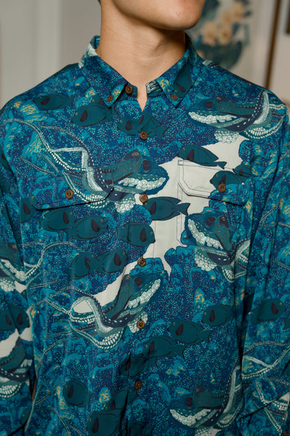Hidden He‘e Long Sleeve Aloha Shirt (Iron Free)
