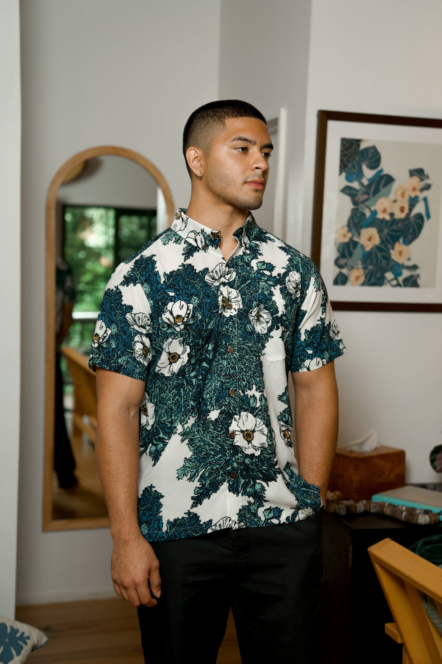Puakala Blue On White Aloha Shirt (Iron Free)