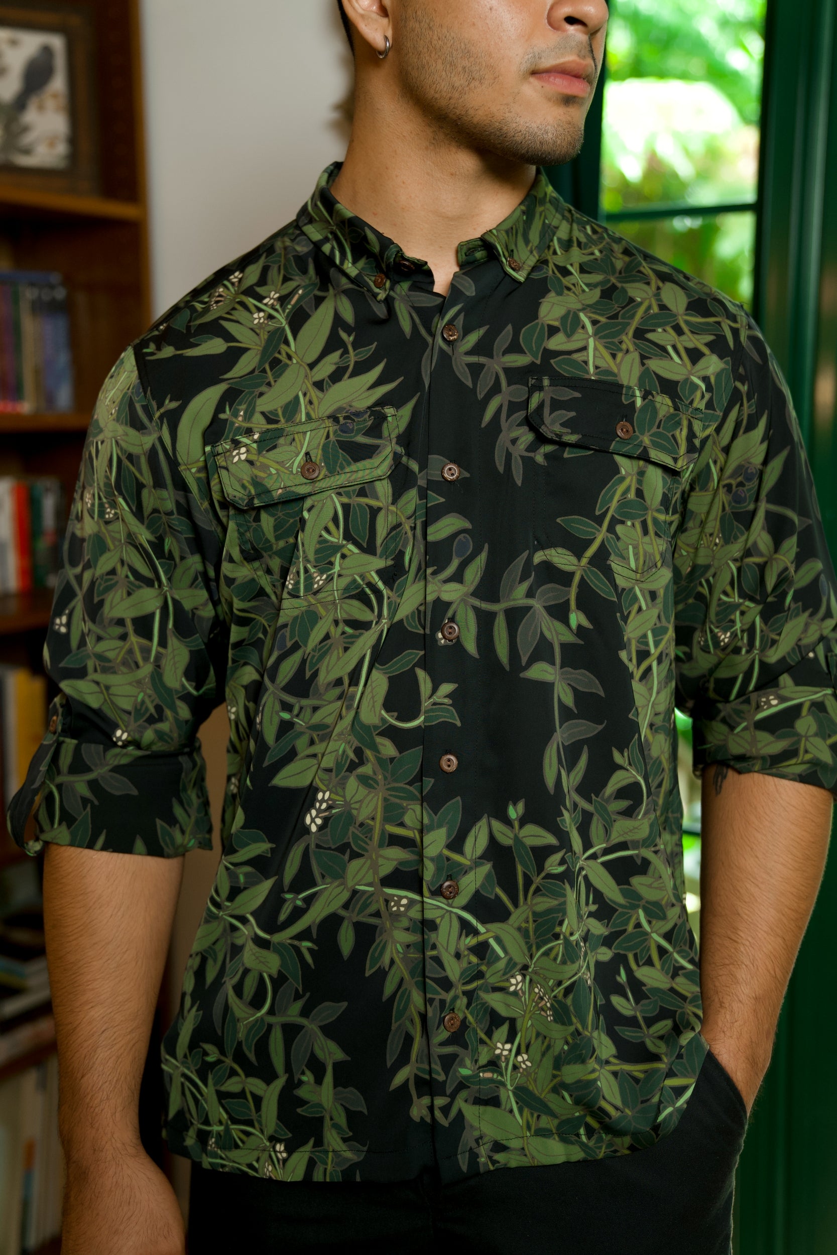 MYLAN 11万23A/W Multi Sleeve Shirt Mens Long Sleeve Iron Free Aloha Shirt - Maile Black — David